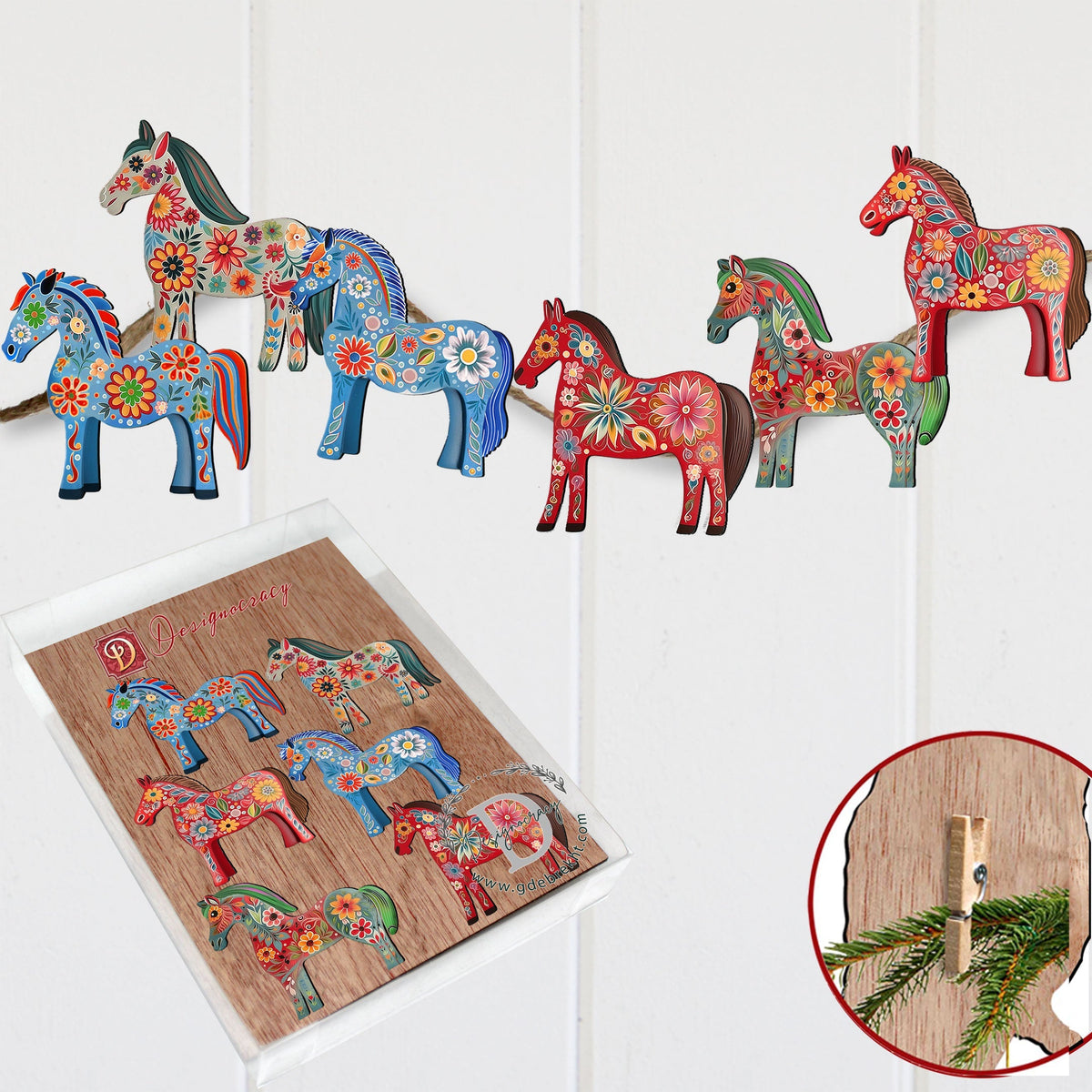 Danish Horses Clip-On Eco Wood Decorative Ornaments Set of 6 by G. Debrekht - Love Family Decor - 8090075C-S6
