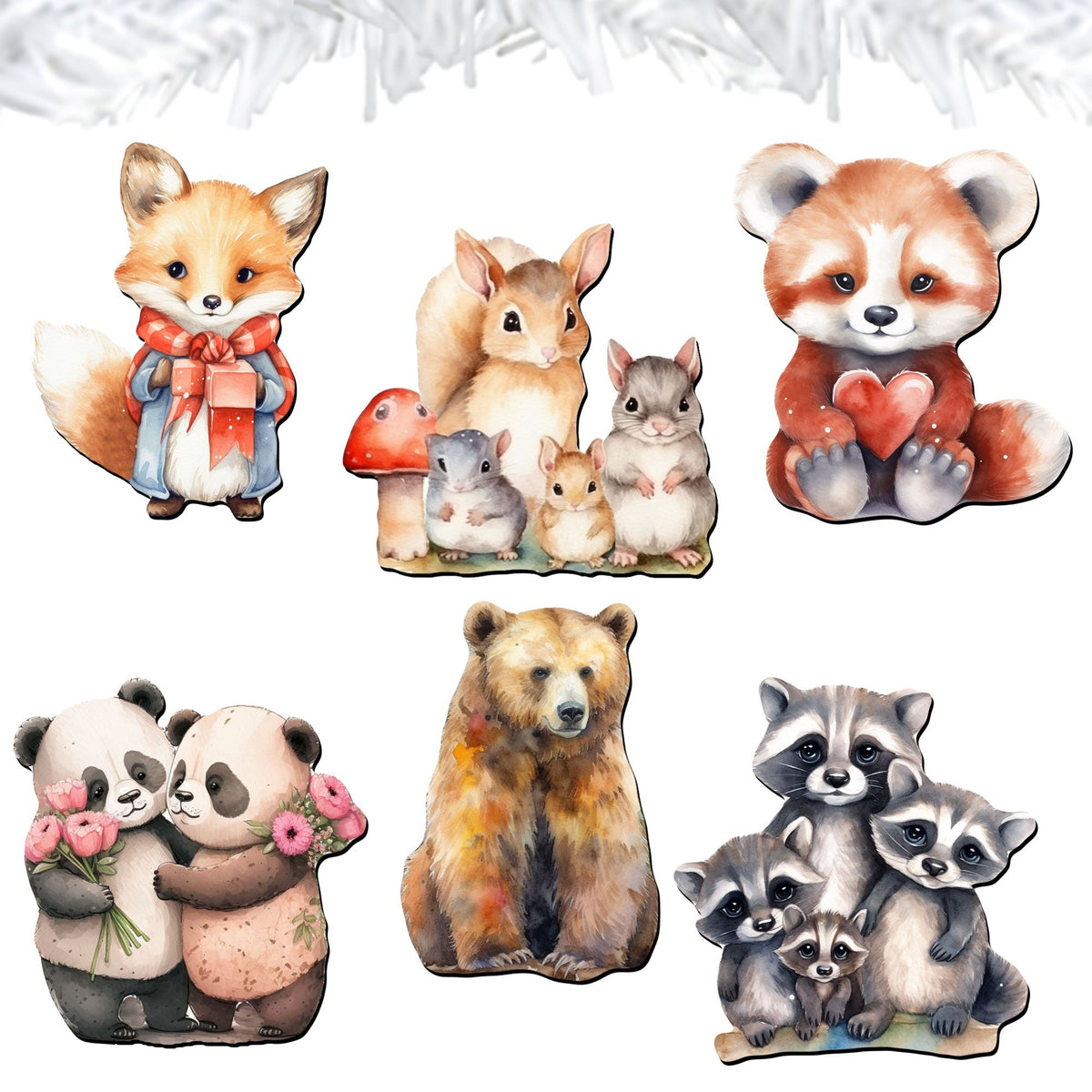 Forest Animals Clip-On Eco Wood Decorative Ornaments Set of 6 by G. Debrekht - Christmas Decor - 8090021C-S6