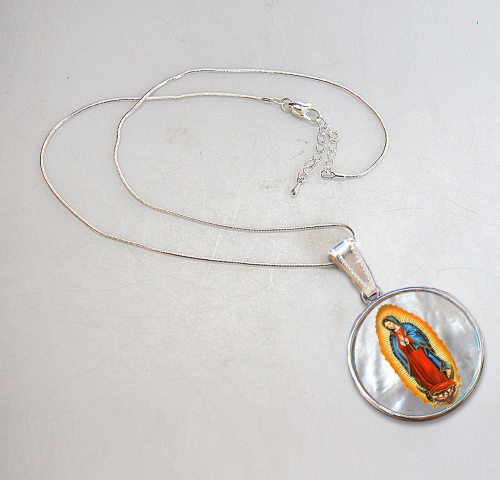 Lady of Guadalupe Silver Plated Mother of Pearl Necklace Jewelry - 43032