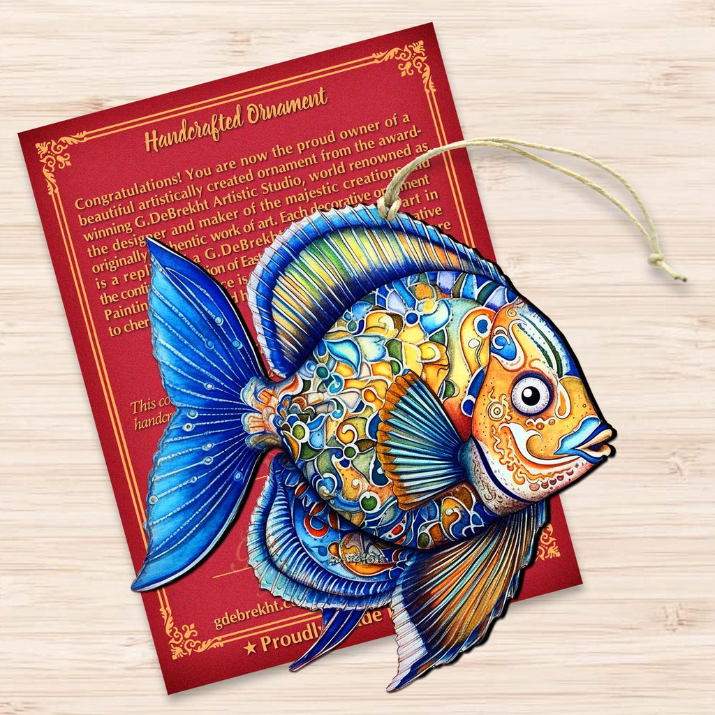 Wooden Christmas Tree Decorations - Blue Fish Wooden Ornaments by G.Debrekht Coastal Holiday Decor - 8688301