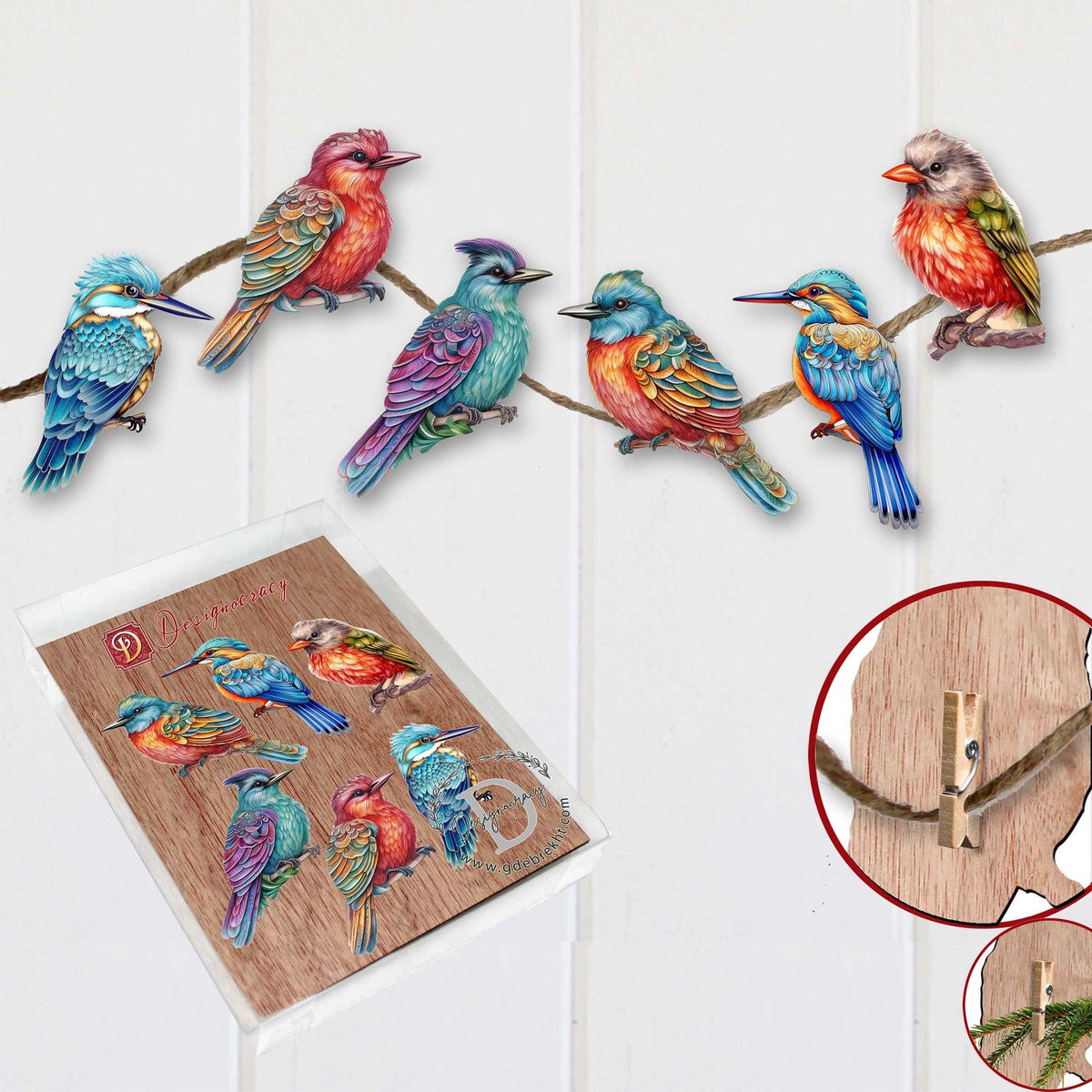 Colorful Birds Clip-On Eco Wood Decorative Ornaments Set of 6 by G. Debrekht - Christmas Decor - 8090003C-S6