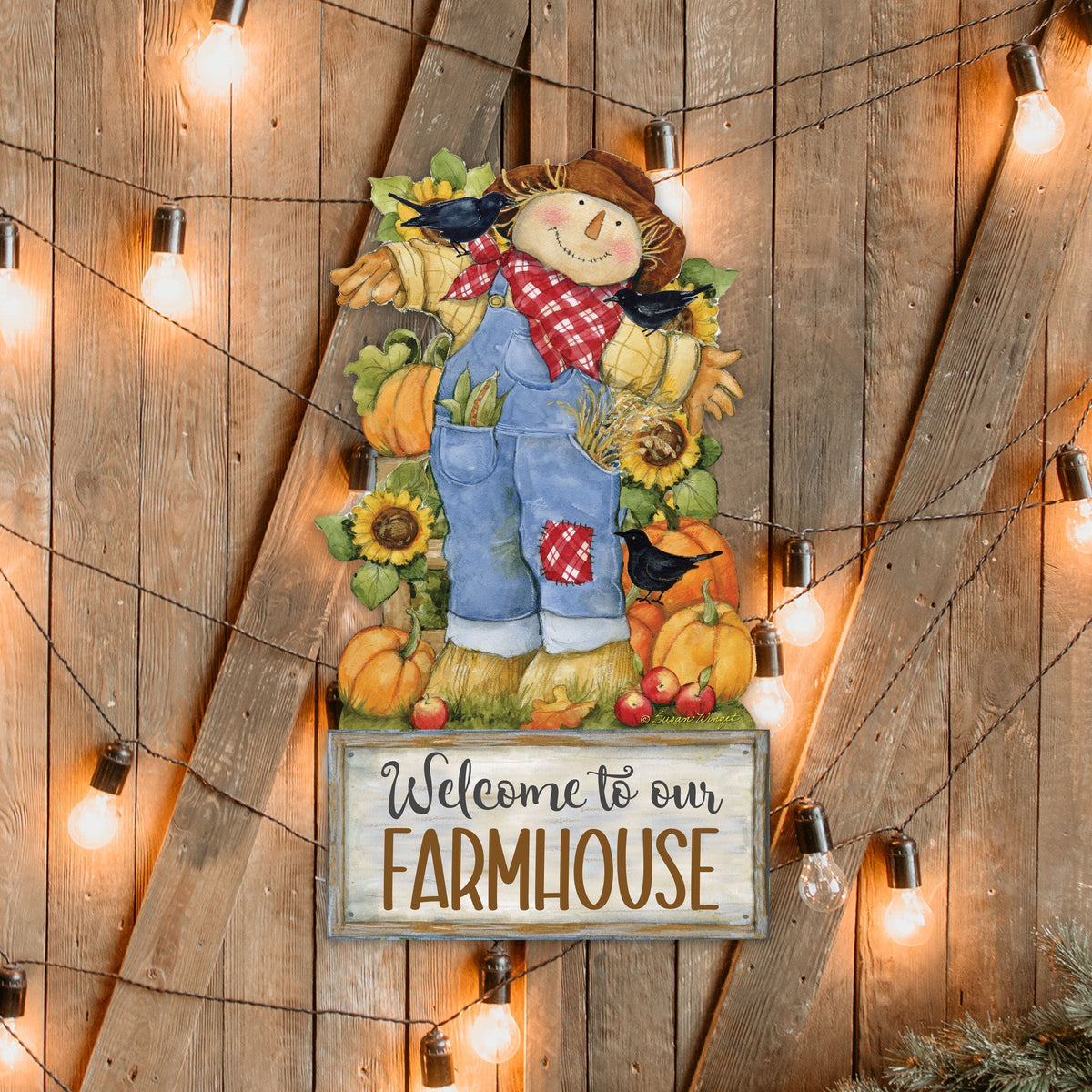 Farmhouse Door Hanger Fall Decoration Harvest Scarecrow Welcome Sign - Handmade Gift Autumn Adornment by Susan Winget - 8471211-2H-SW