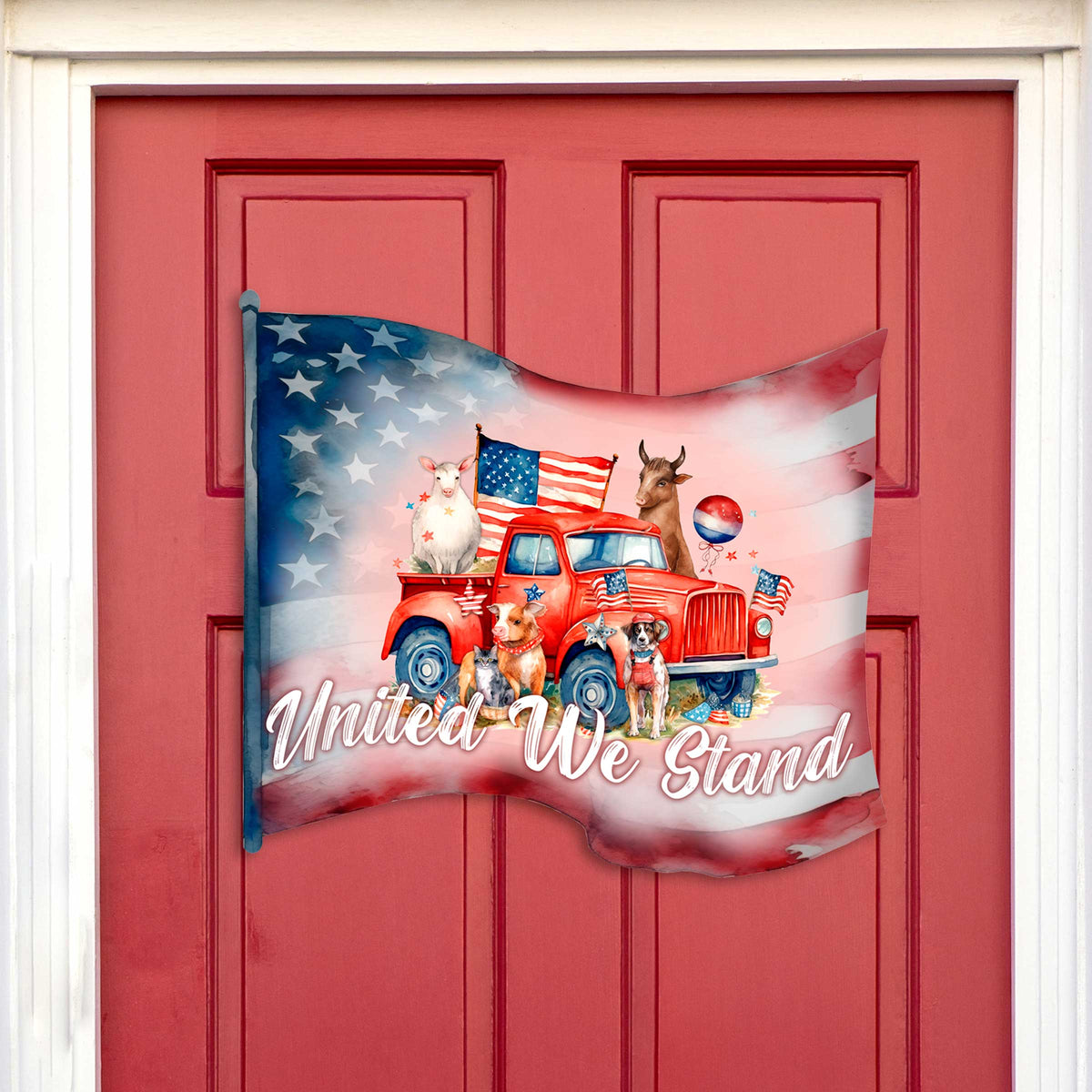 Front door welcome sign American flag United we stand Front porch Patriotic wreath Main entrance banner Welcome sign - Wooden front porch decor - 933106H