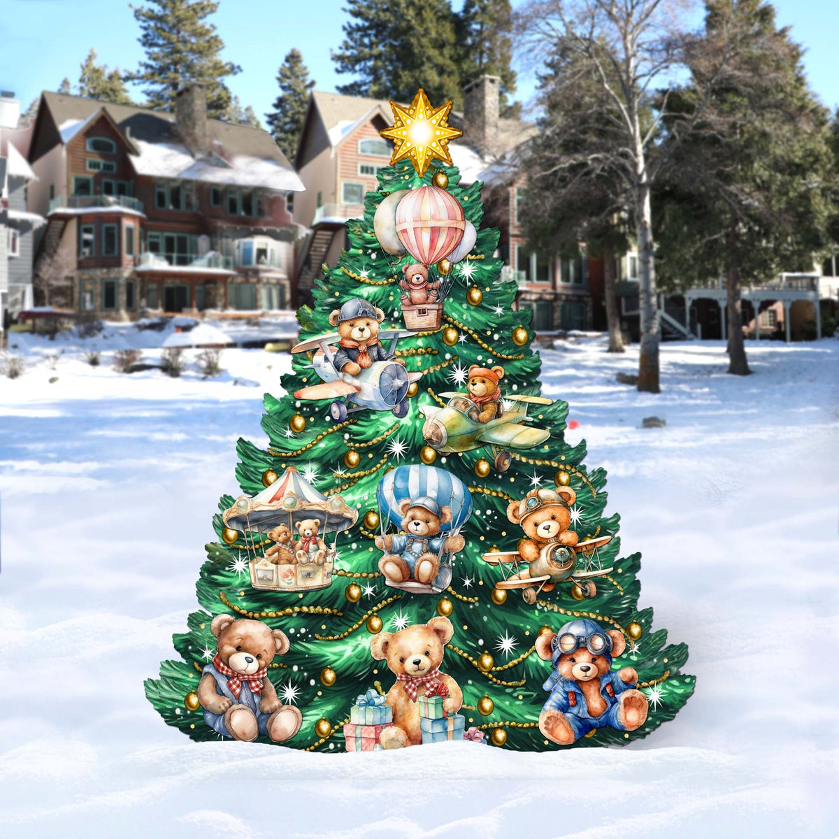 Teddy Bear-Themed Christmas Tree Outdoor Indoor Decor Wooden Christmas Decoration by G. Debrekht Christmas Decor - 8191508F