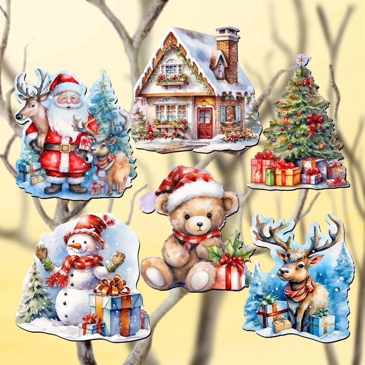 Christmas Is Here Clip-On Eco Wood Decorative Ornaments Set of 6 by G. Debrekht - Christmas Decor - 8090028C-S6