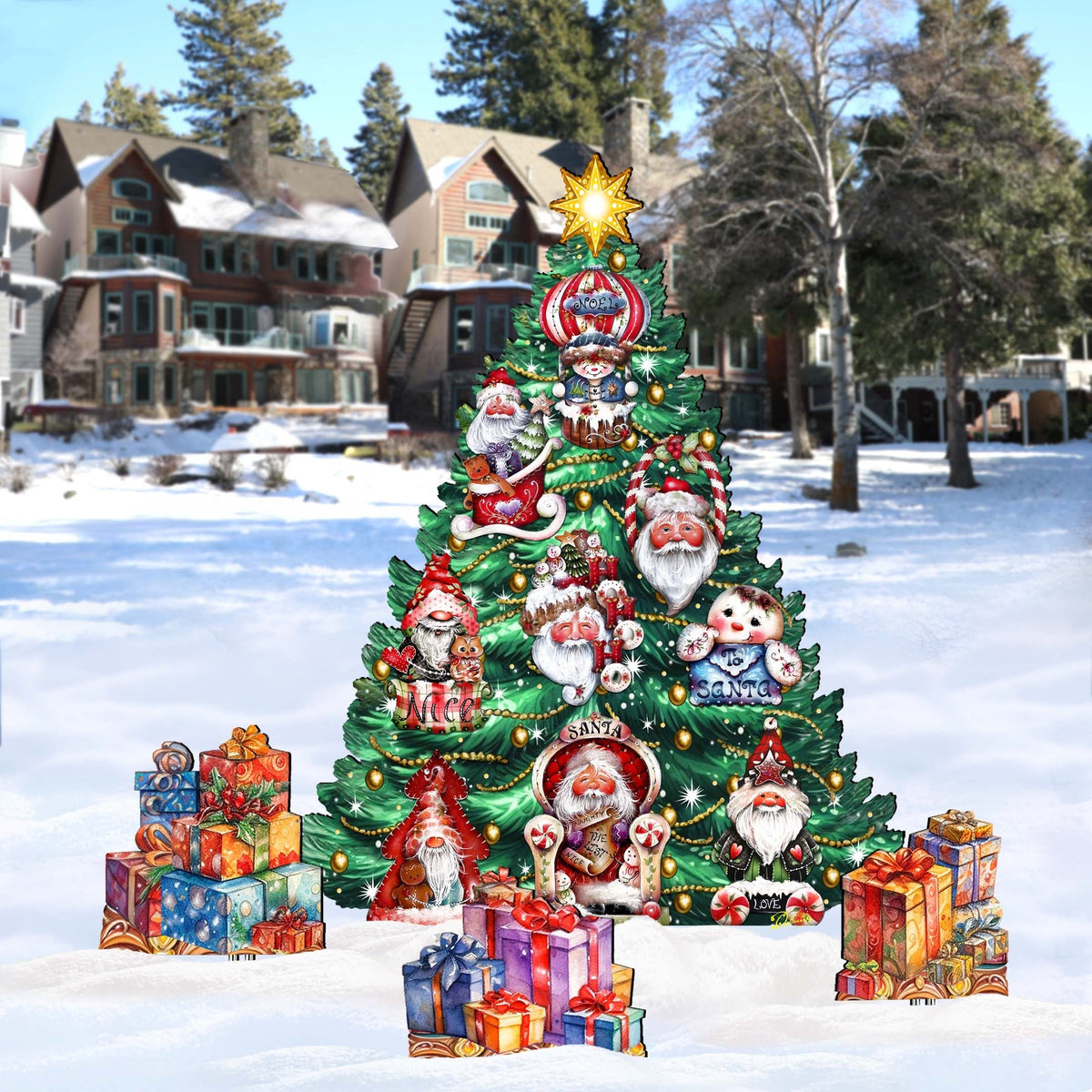 Santa-Themed Christmas Tree Set Outdoor Indoor Decor Wooden Christmas Decoration by Jamie Mills-Price - Christmas Decor - 8191509F-G
