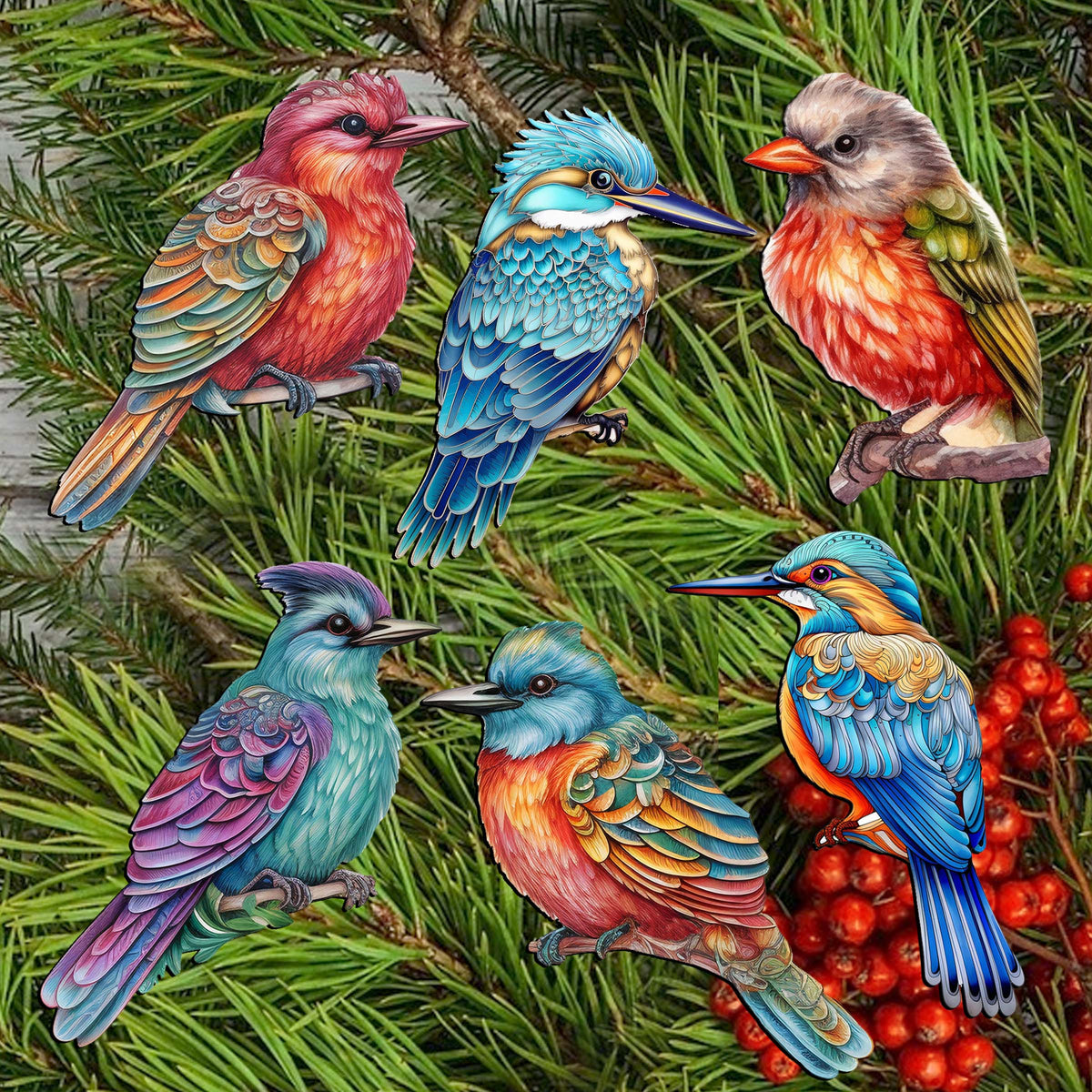 Colorful Birds Clip-On Eco Wood Decorative Ornaments Set of 6 by G. Debrekht - Christmas Decor - 8090003C-S6
