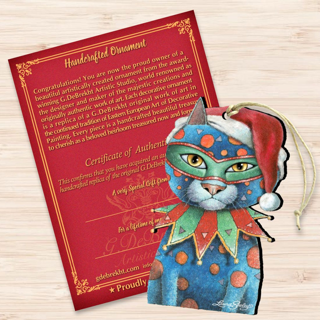Mardi Gras Santa Cat Wooden Ornaments by Laura Seeley - Pets Dog and Cats Decor - 8512057-LS