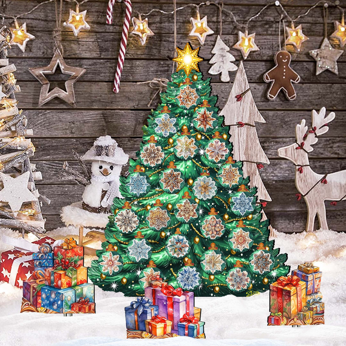 Snowflake-Themed Christmas Tree Outdoor Indoor Décor Wooden Christmas Decoration by G. Debrekht Christmas Décor - 8191504F-G