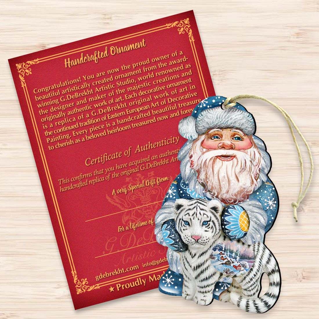 White Tiger Santa Wooden Ornaments by G. DeBrekht - Christmas Santa Snowman Decor - 8118091