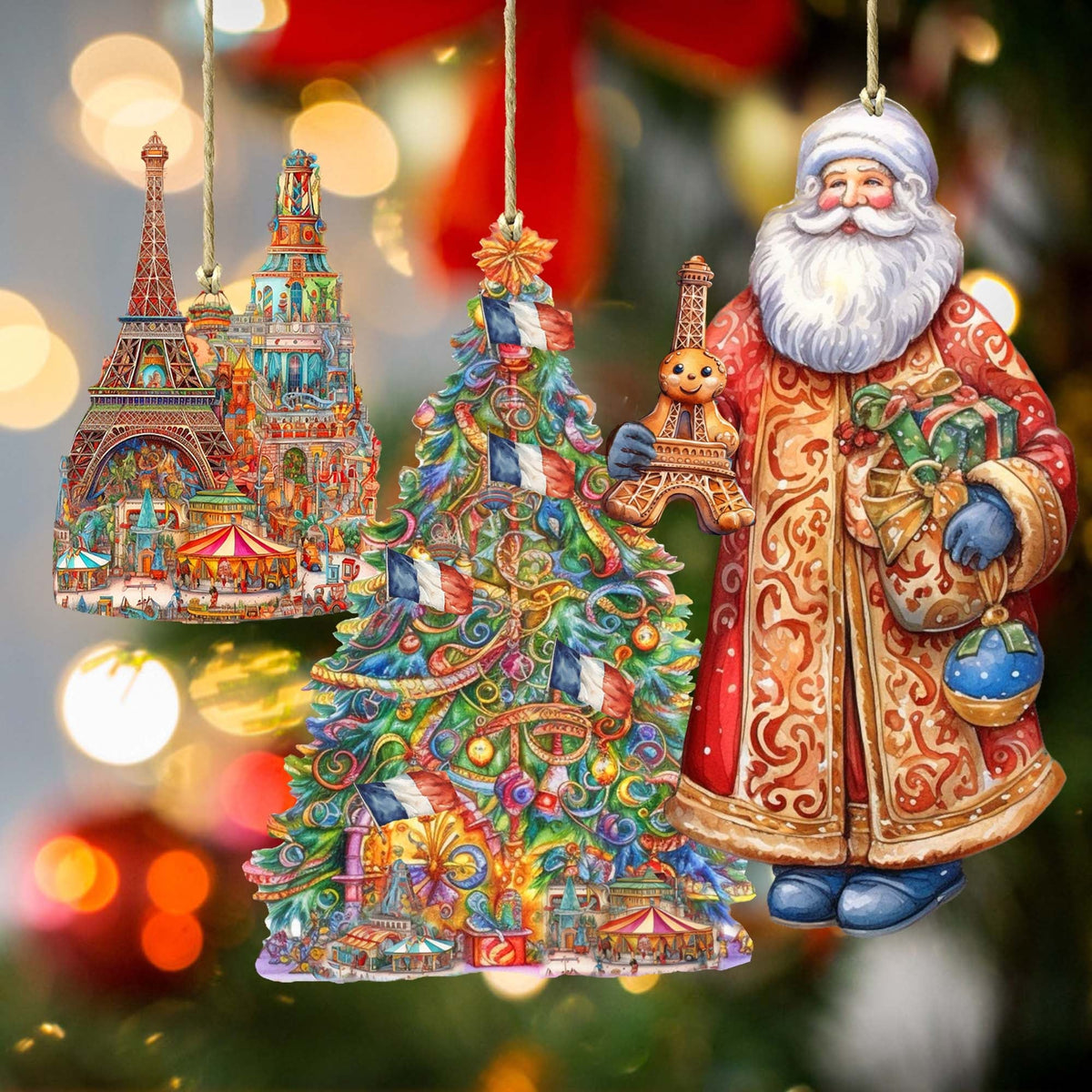 Santas Around the World - French Inspired Santa - Eco Wood Ornaments Set of 3 by G. DeBrekht Christmas Santa Snowman Decor - 8091303S3