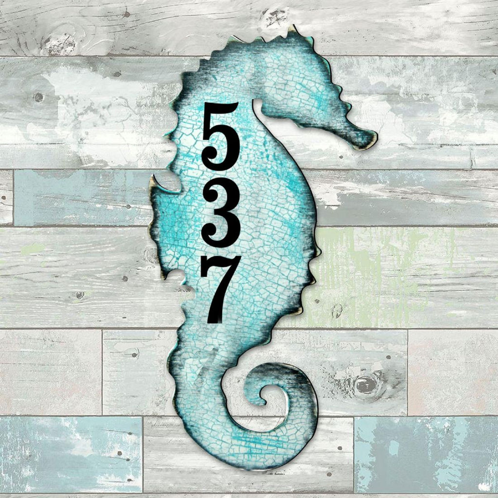 Seahorse Coastal Wooden Personalized House Number Sign by G. Debrekht - Coastal Sea-Life Decor - Handcrafted Wooden Handcrafted Wooden Handcrafted Wooden Address Sign - MA98517