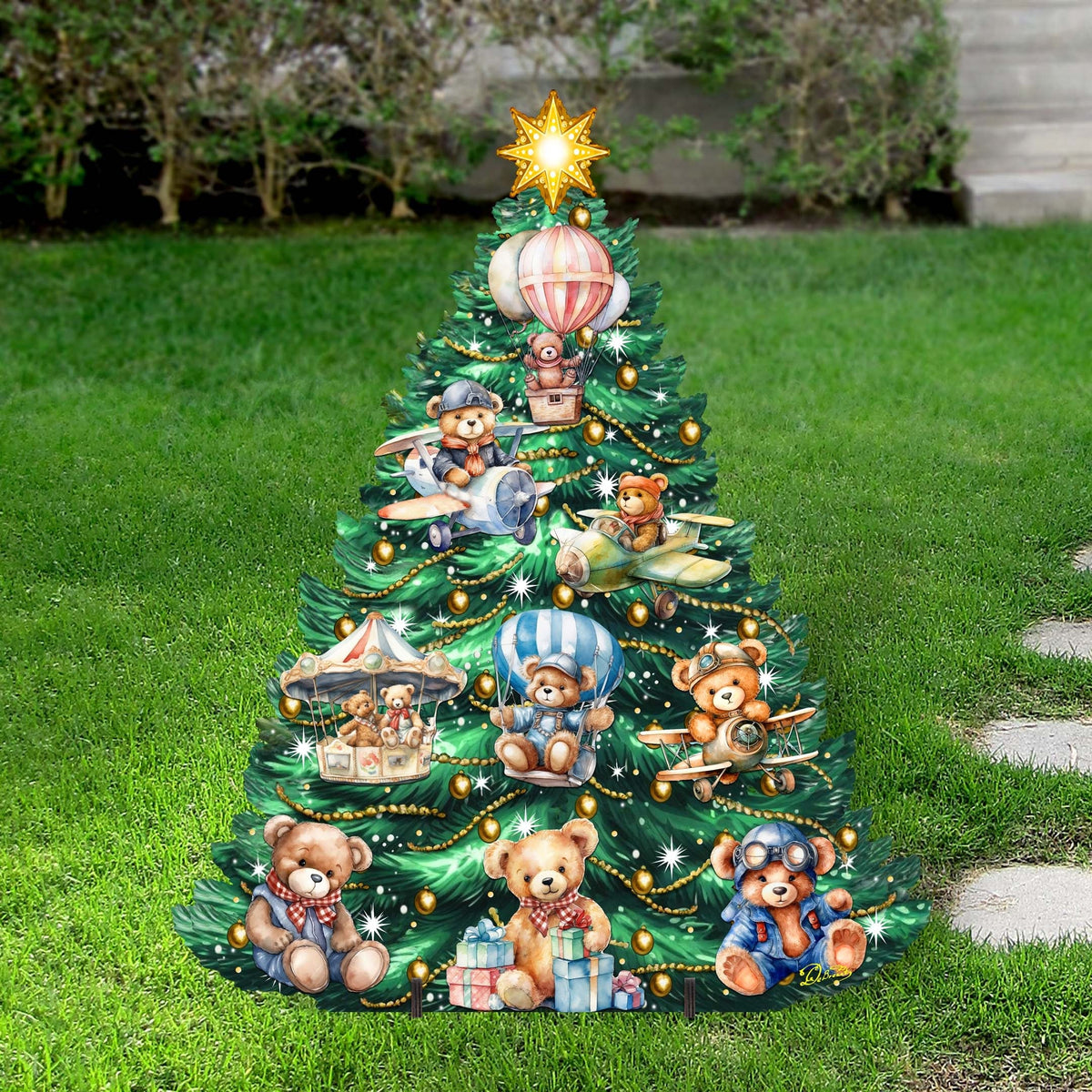 Teddy Bear-Themed Christmas Tree Outdoor Indoor Decor Wooden Christmas Decoration by G. Debrekht Christmas Decor - 8191508F