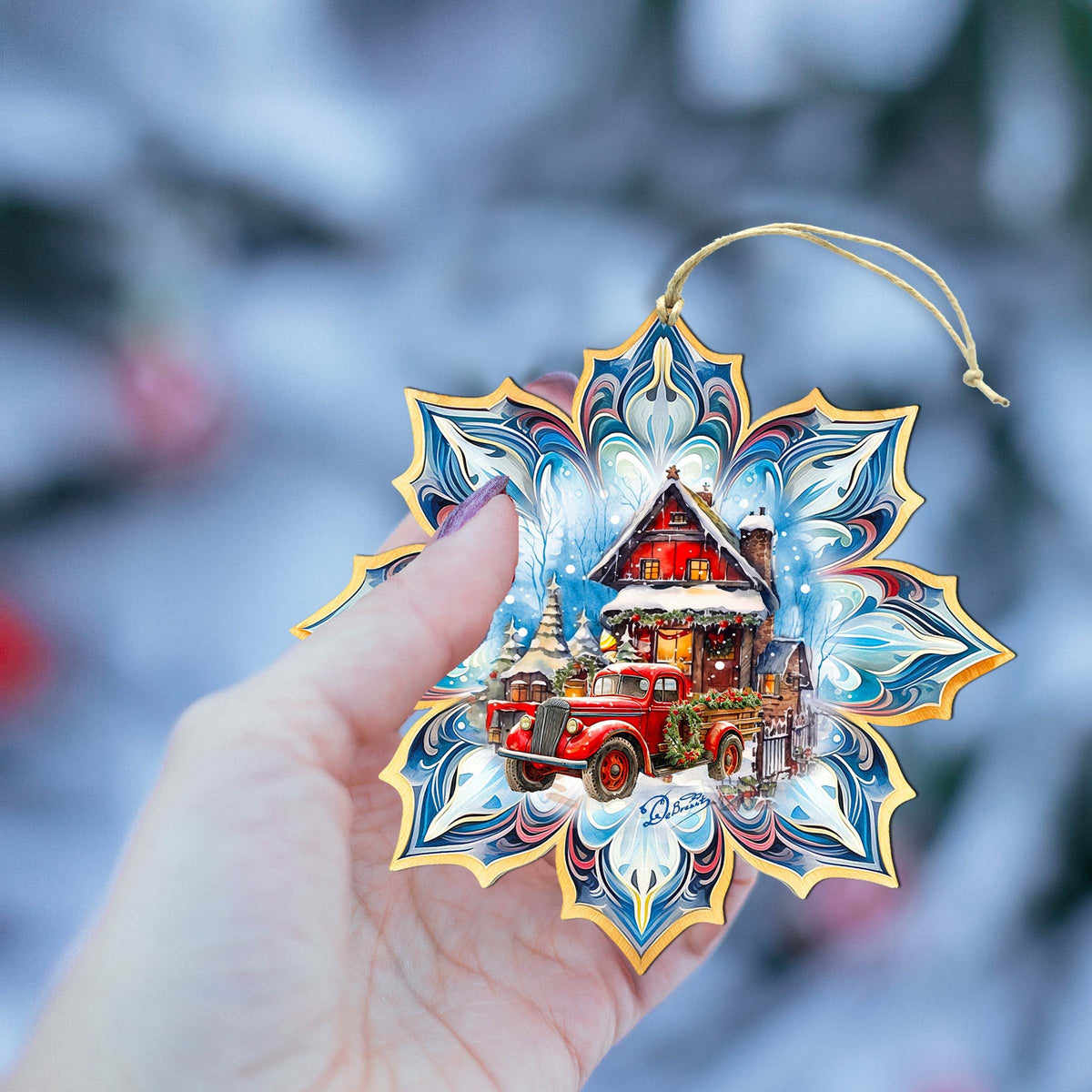 Christmas Cottage Snowflake Wooden Ornaments by G. Debrekht - Christmas Decor - 8688406