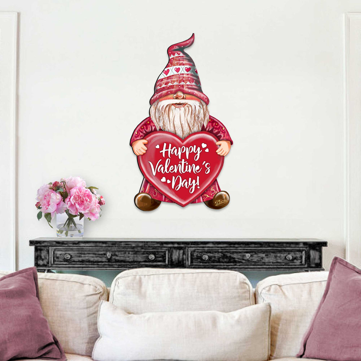 Happy Valentines Gnome Wooden Door Hanger Wall Art by G. DeBrekht - Love Family Kids Decor - 8611020H