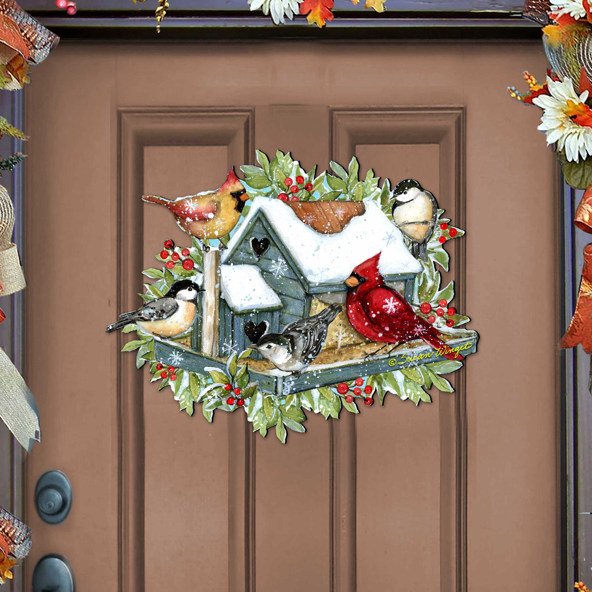 Front Door Winter Cardinals Birdhouse Decor - Christmas Welcome by Susan Winget - Handmade Gift Product Code 8471115-2H-SW