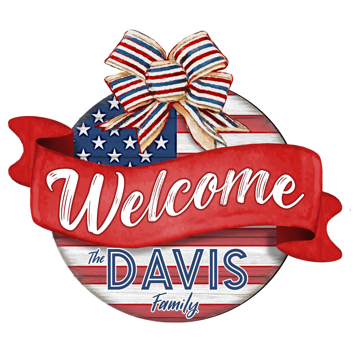 Front door welcome sign Custom name American flag porch wreath Main entrance Family Welcome sign - Wooden front porch decor - 933103HC