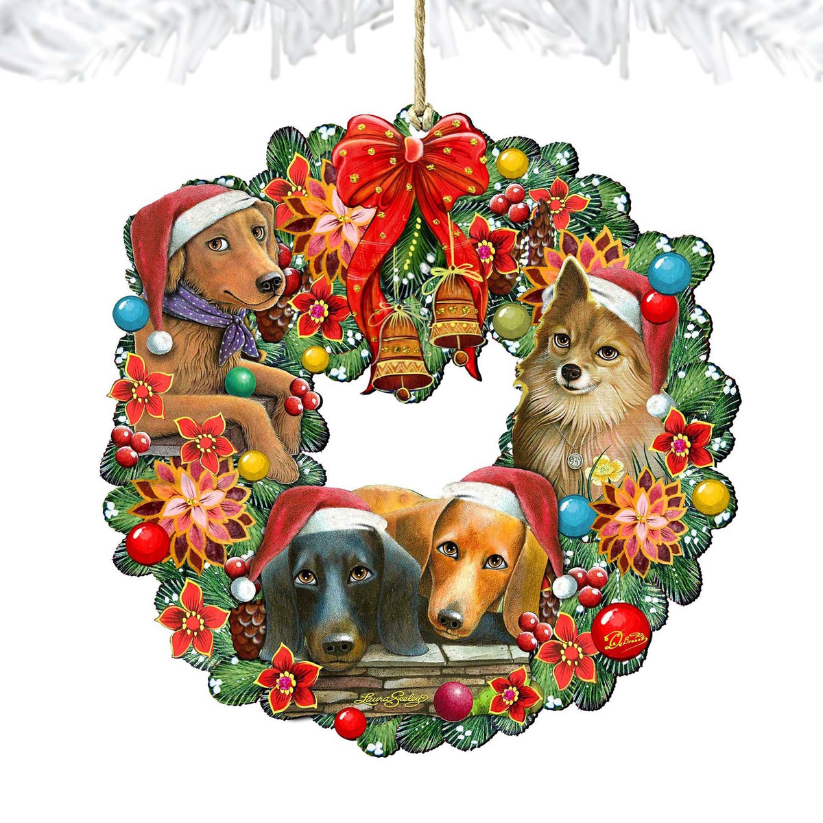 Christmas Friends Puppy Wreath Wooden Ornaments by G. DeBrekht and L. Seeley - Pets Dog and Cats Decor - 8185307-6-SL