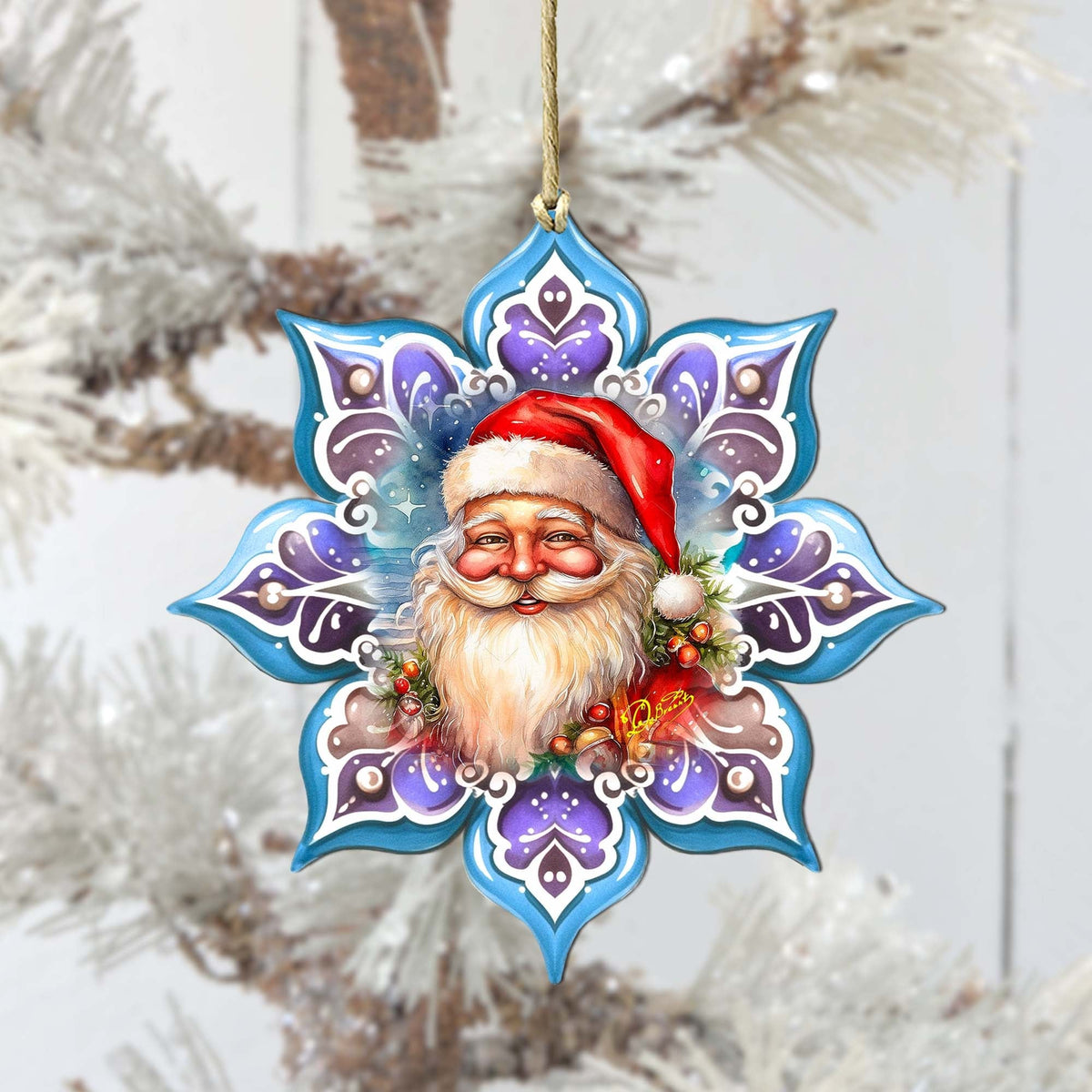Smiling Santa Snowflake Large Wooden Ornament by G. Debrekht - Christmas Santa Snowman Decor - 8688423M