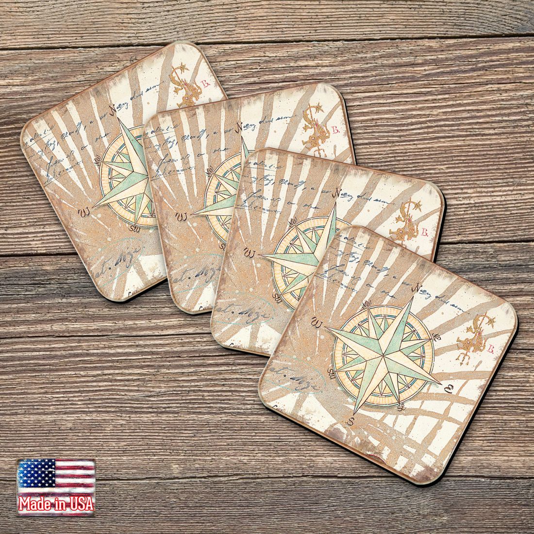 Compass Coastal Wooden Cork Coasters Gift Set of 4 by Nature Wonders - Coastal Sea-Life Decor - 8198620C-S4