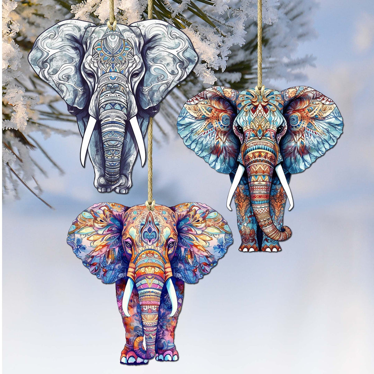Elephants Decorative Eco Wood Ornaments Set of 3 by G. Debrekht - Wildlife Decor - 8091036-S3