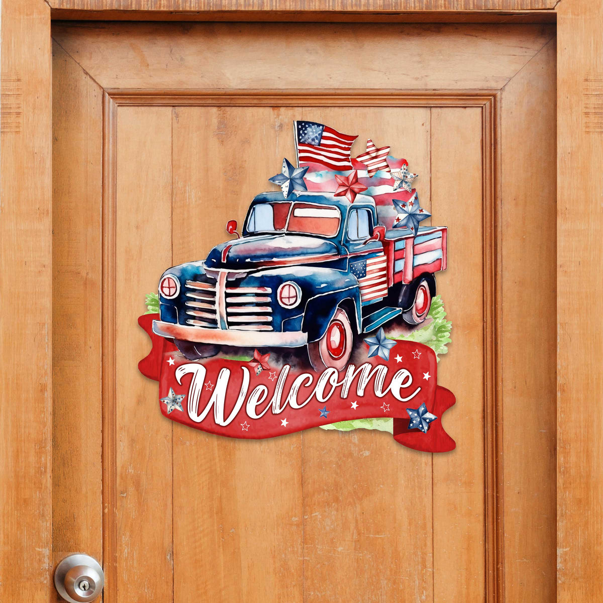 Front door welcome sign American Car United we stand Front porch Patriotic wreath Main entrance banner Red and White Welcome sign - Wooden front porch decor - 933108H