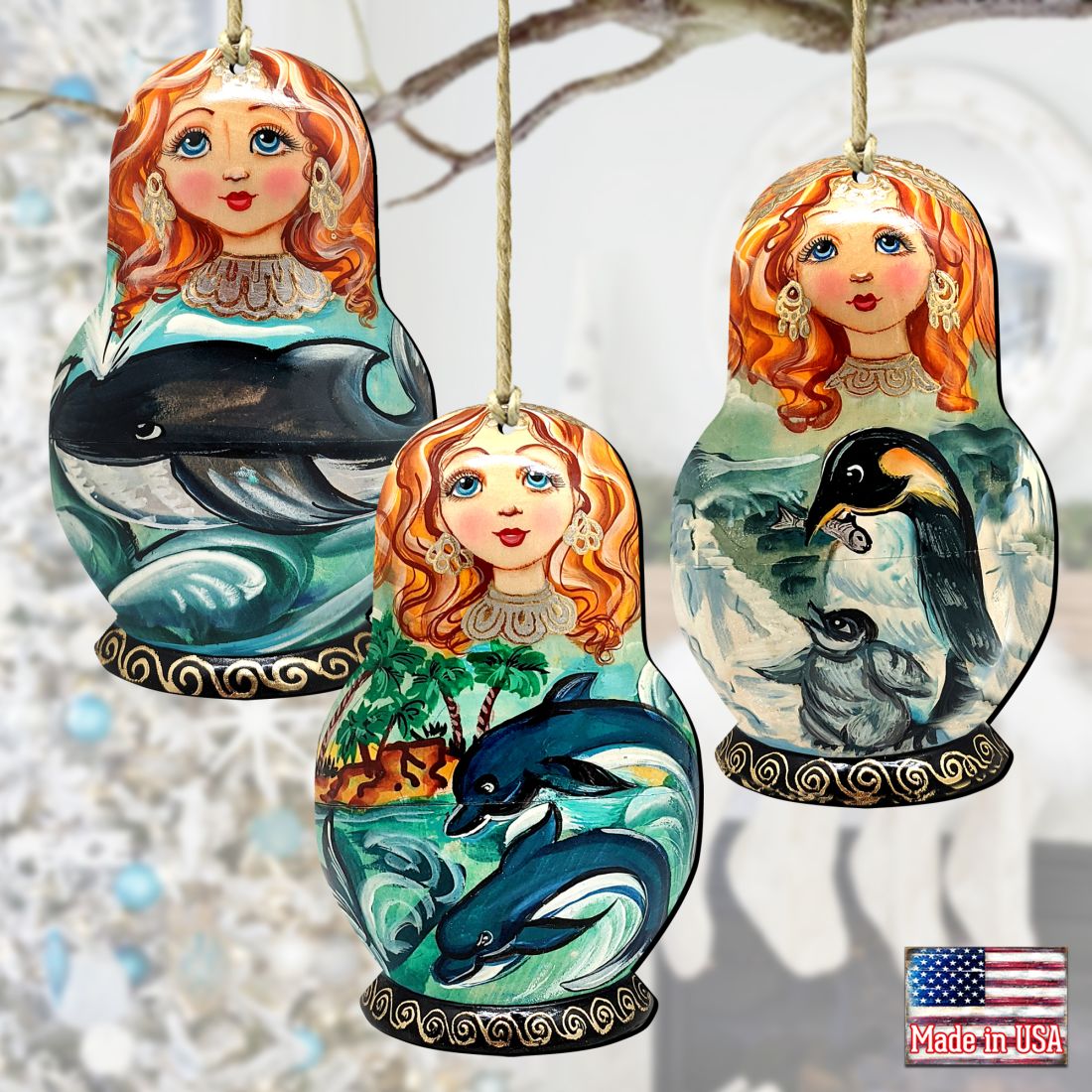 Dolphins, Whale, Penguins Dolls Wooden Ornaments Set of 3 by G. DeBrekht - Coastal Holiday Decor - 8100190S3