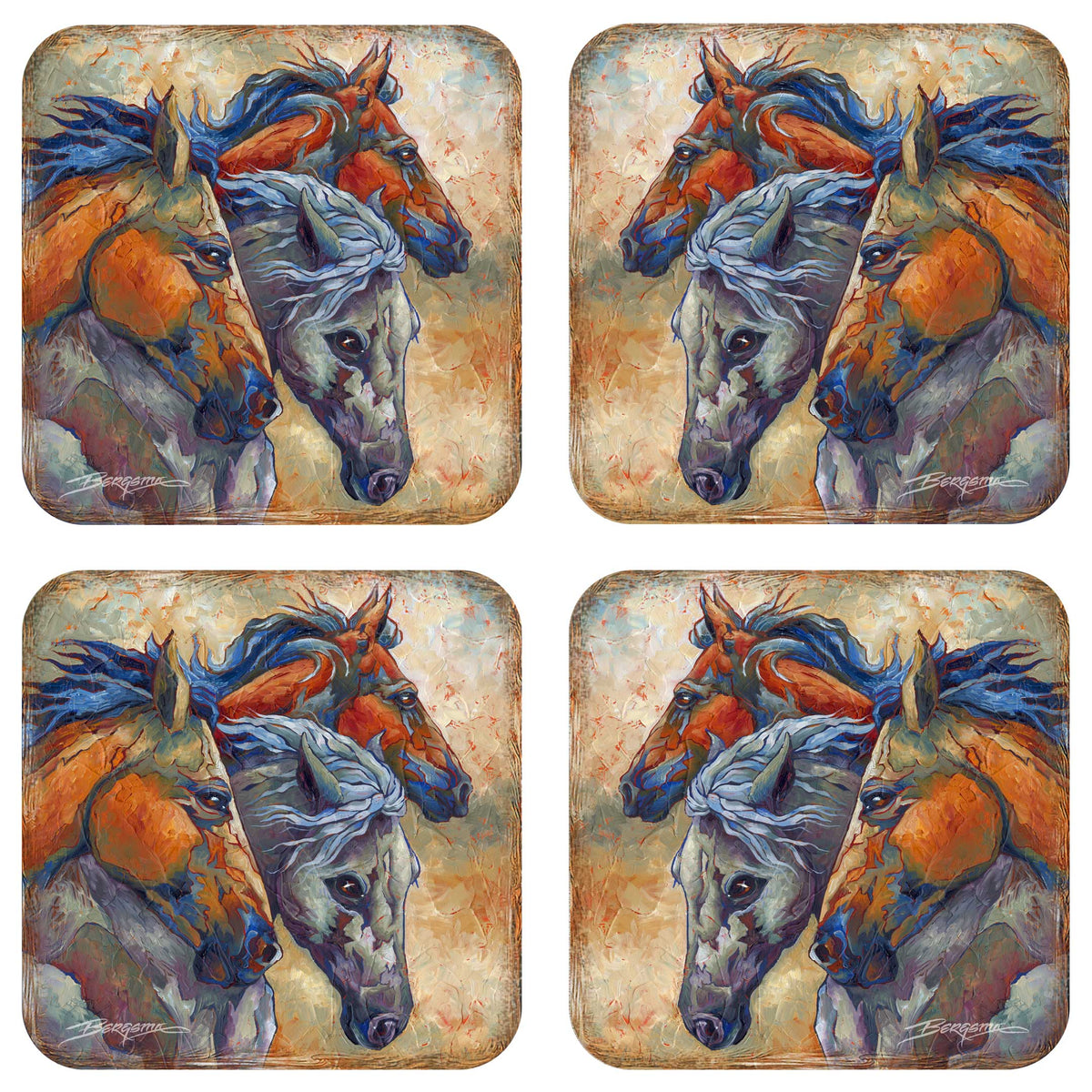 Herd of Horses Wooden Cork Coasters Gift Set of 4 by J. Bergsma - Wildlife Decor  - 8199458C-S4