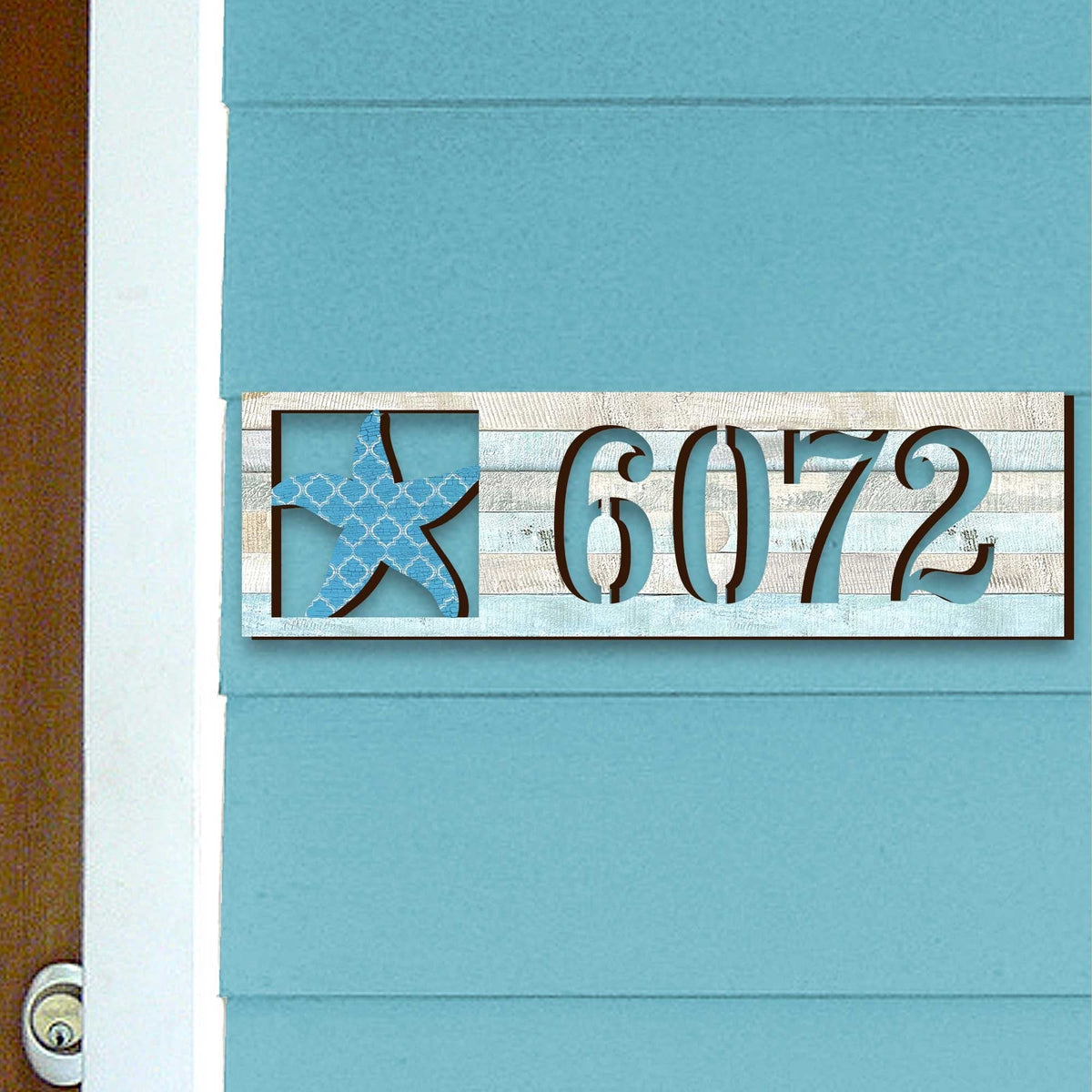 Coastal Door Numbers Sign - Starfish Wooden House Number Plaque - Custom Home Handcrafted Wooden Address Sign MA989806