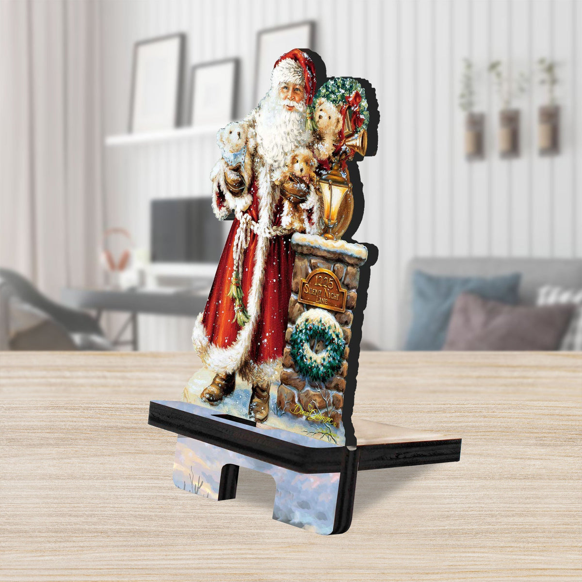 Silent Night Santa Cell Phone Stand Christmas Decor Wood Mobile Tablet Holder Charging Station Organizer - 892089C-DG