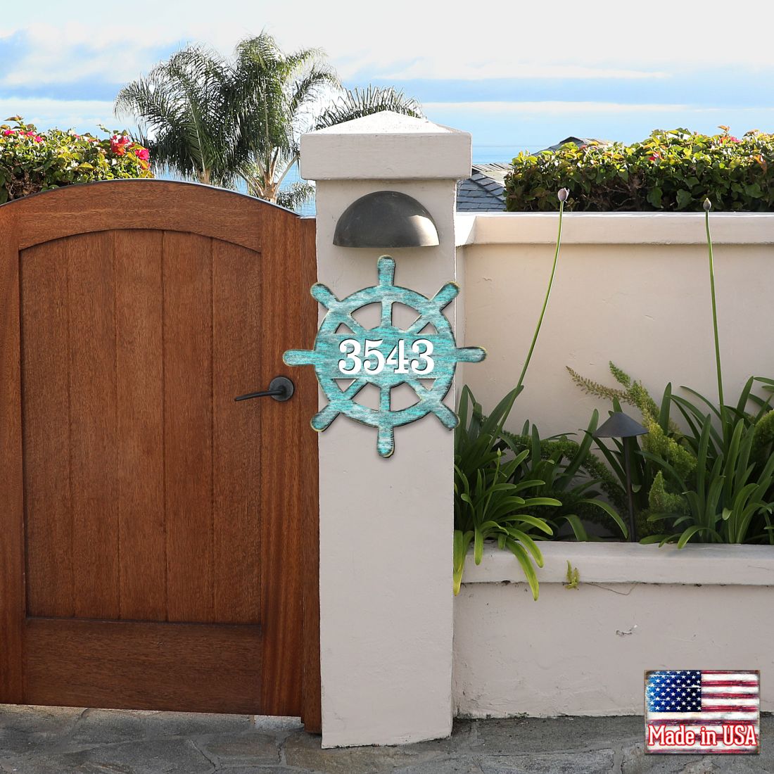 Captain Wheel Coastal Personalized House Number Sign by G. Debrekht - Coastal Sea-Life Decor - Handcrafted Wooden Address Sign - MA98536