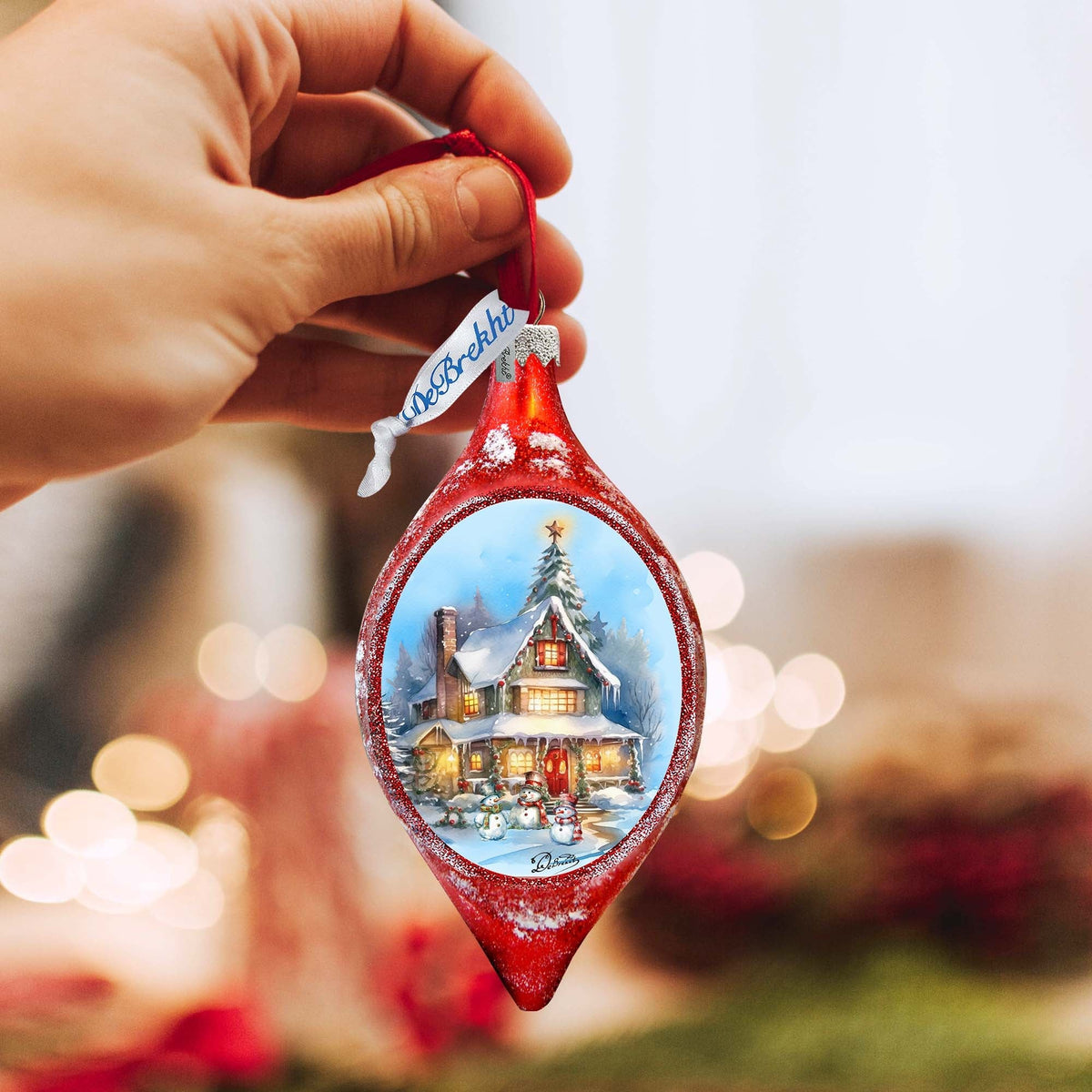Christmas Cottage in Red Drop Glass Ornament by G. Debrekht Christmas Decor - 757-043