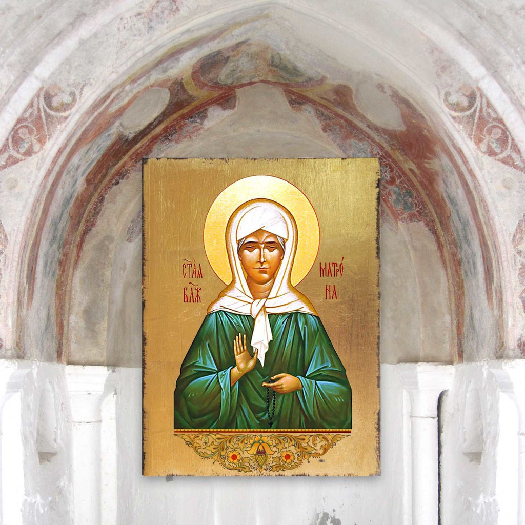 Matrona Wooden Gold Plated Religious Christian Sacred Icon - Inspirational Icon Decor - 85048