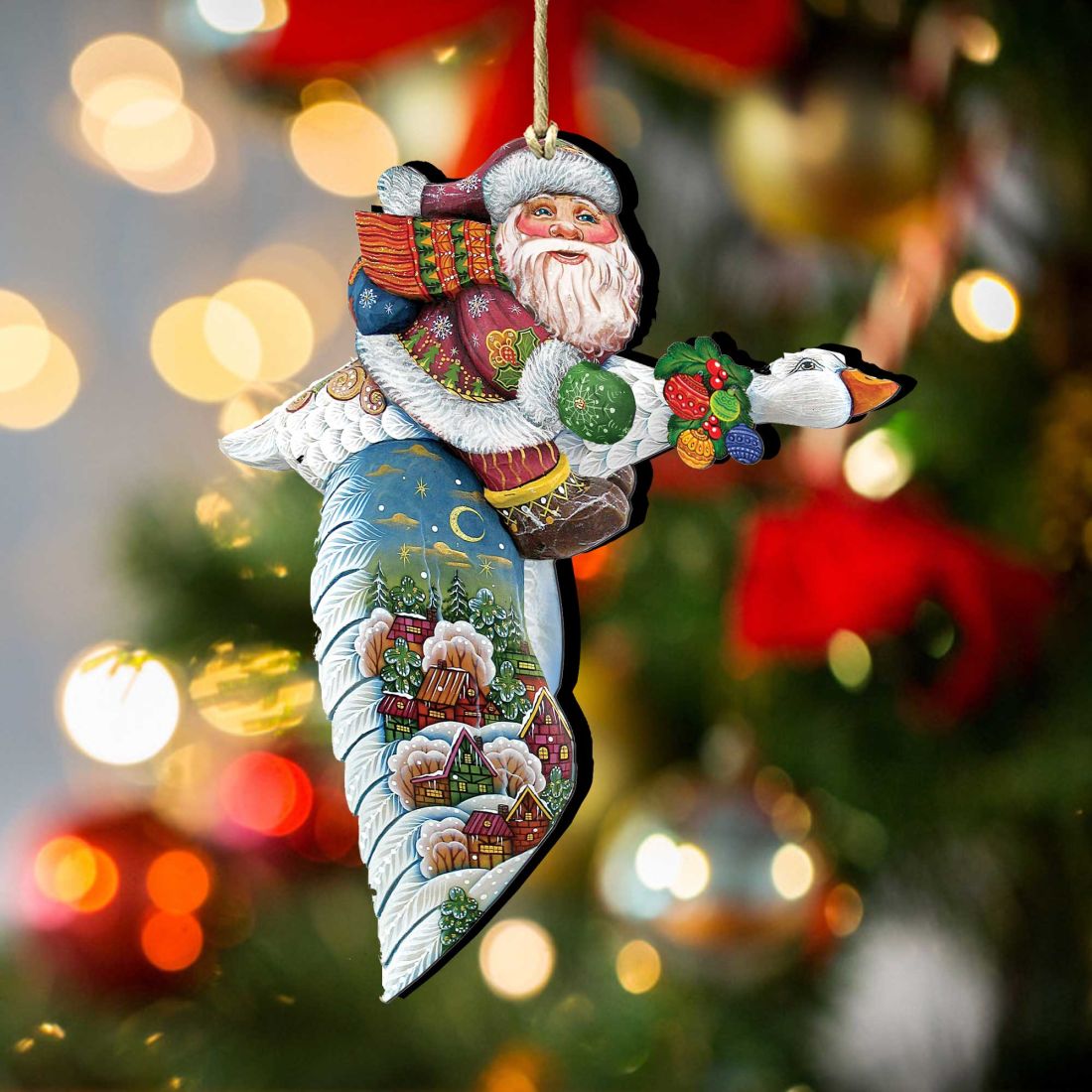 Goose Traveling Santa Wooden Ornaments by G. DeBrekht - Christmas Santa Snowman Decor - 8114060
