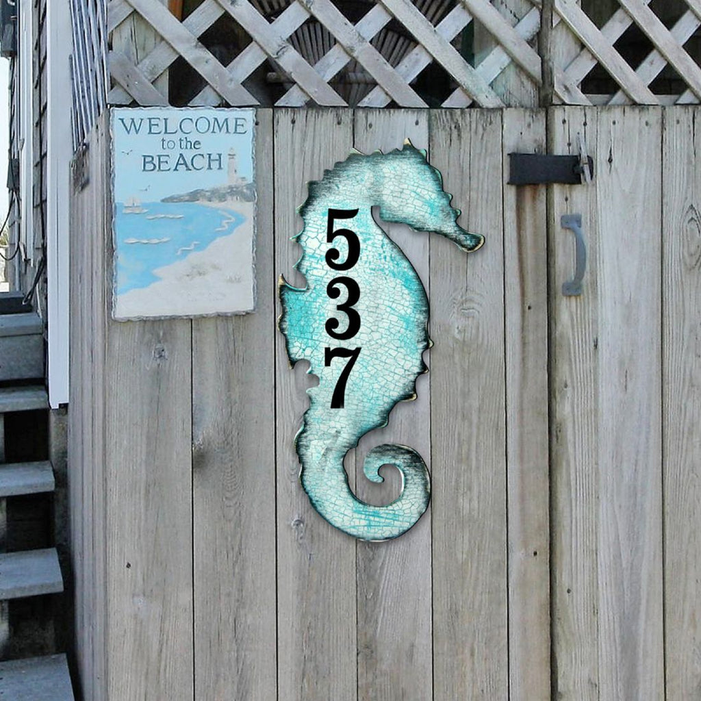Seahorse Coastal Wooden Personalized House Number Sign by G. Debrekht - Coastal Sea-Life Decor - Handcrafted Wooden Handcrafted Wooden Handcrafted Wooden Address Sign - MA98517