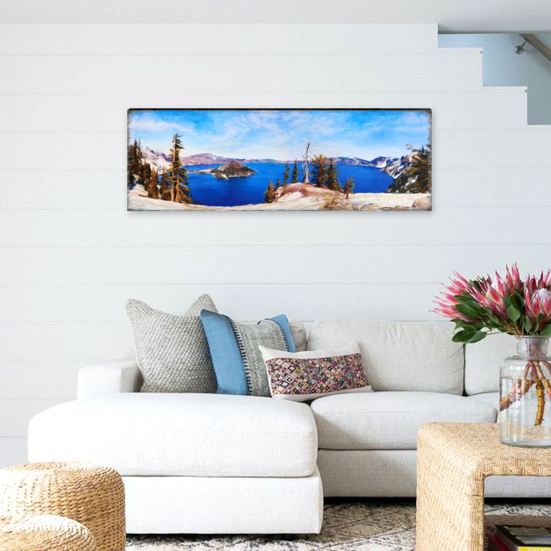Crater Lake Oregon Wide Panorama Wooden Coastal Wall Art by Nature Wonders - Coastal Sea-Life Decor - 95388B-L