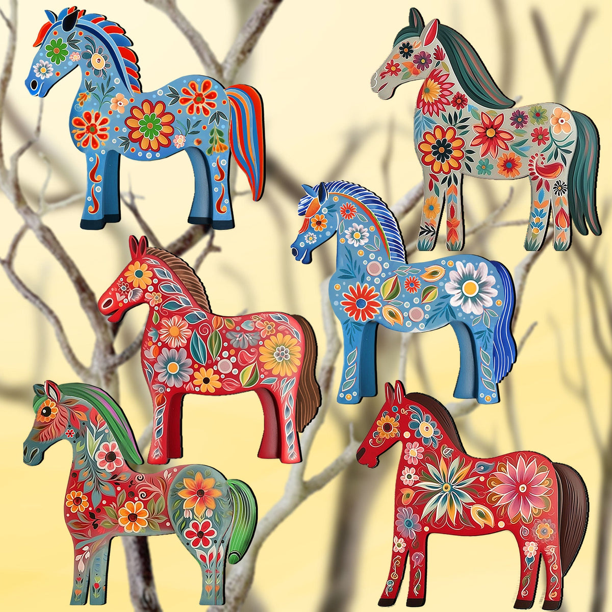 Danish Horses Clip-On Eco Wood Decorative Ornaments Set of 6 by G. Debrekht - Love Family Decor - 8090075C-S6