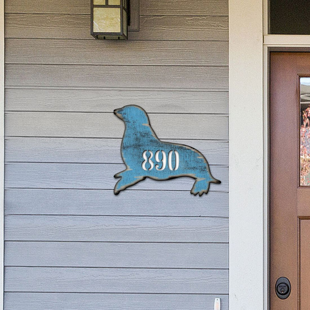 Seal Coastal Wooden Personalized House Number Sign by G. Debrekht - Coastal Sea-Life Decor - Handcrafted Wooden Handcrafted Wooden Handcrafted Wooden Address Sign - MA98532