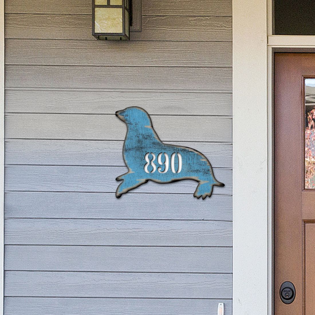 Seal Coastal Wooden Personalized House Number Sign by G. Debrekht - Coastal Sea-Life Decor - Handcrafted Wooden Handcrafted Wooden Handcrafted Wooden Address Sign - MA98532