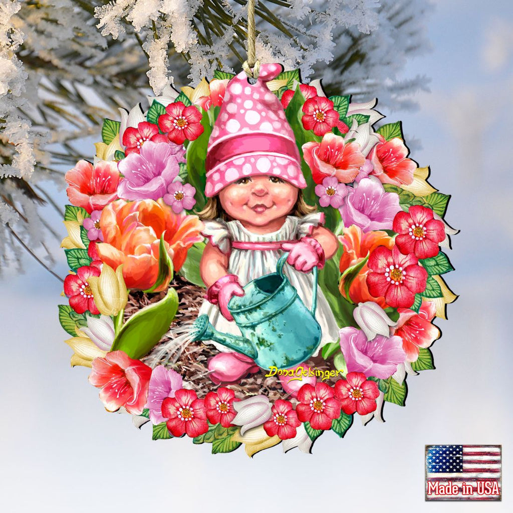 Spring Blossom Gnome Dwarf Wreath Wooden Ornaments by Gelsinger - Easter Spring Decor - 8161055-DG
