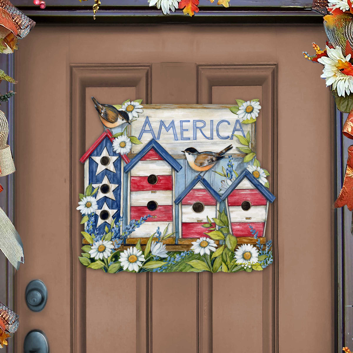 Front Door Patriotic Decoration American Red and White Birdhouse Welcome Sign - Handmade Gift Rustic Adornment by Susan Winget for Wooden Front Porch Decor - 8471213H-SW
