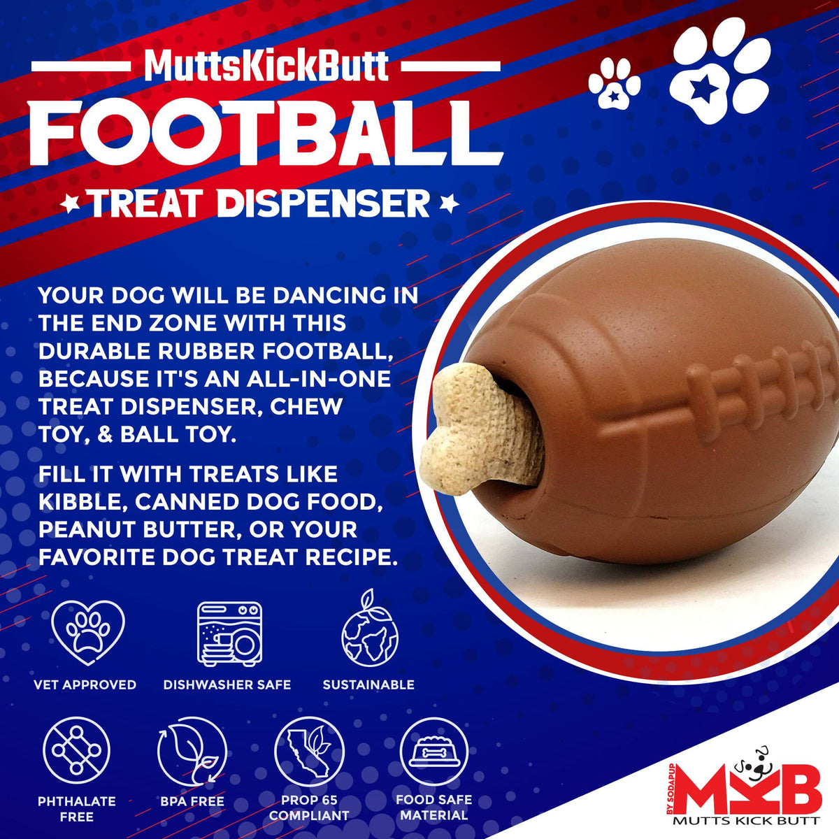 Football Dog Chew Toy & Treat Dispenser - USA Made | SodaPup