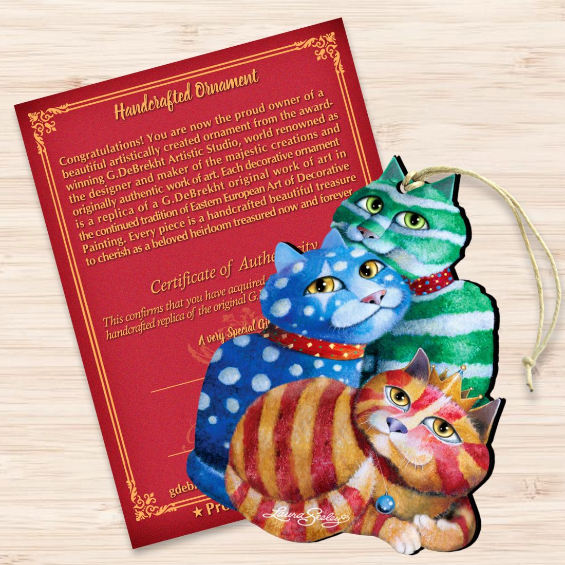 Gift Wrapped Cat Wooden Ornaments by Laura Seeley - Pets Dog and Cats Decor - 8512066-LS