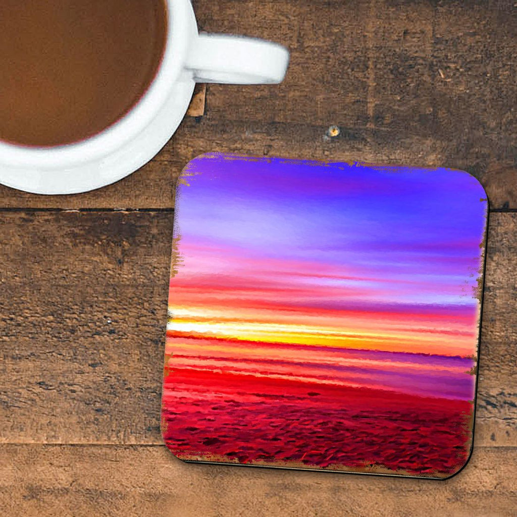 Sunset Coastal Wooden Cork Coasters Gift Set of 4 by Nature Wonders - Coastal Sea-Life Decor - 95360C-S4