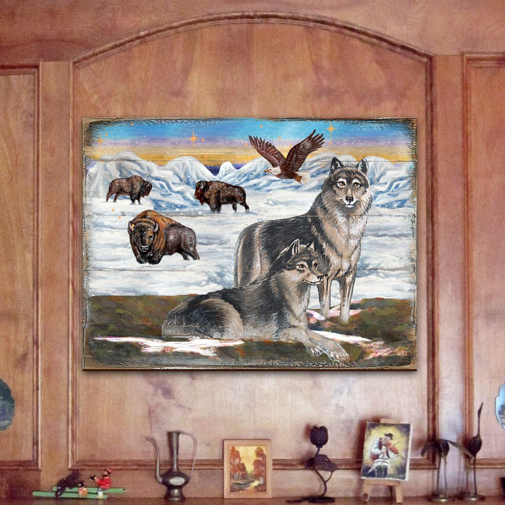 Winter Wolves Art Wooden Wall Art by Nature Wonders - Nature Wildlife Decor  - 95222B