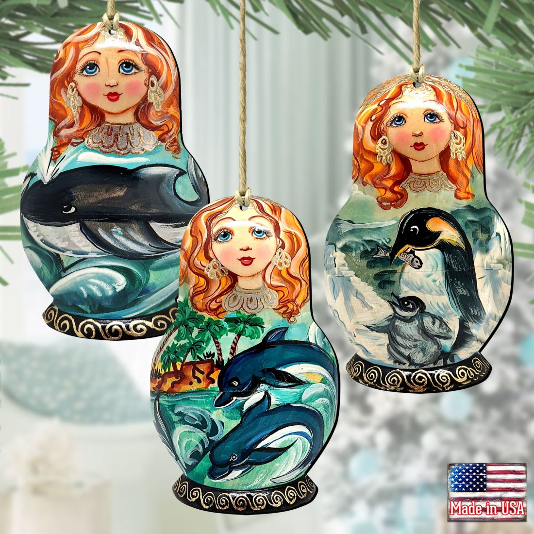 Dolphins, Whale, Penguins Dolls Wooden Ornaments Set of 3 by G. DeBrekht - Coastal Holiday Decor - 8100190S3