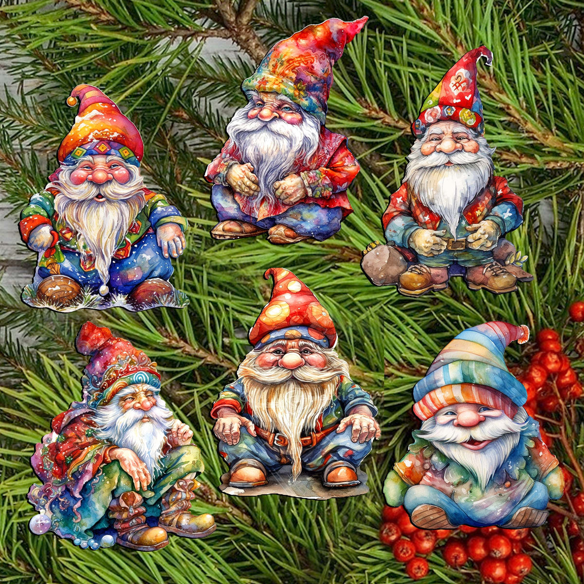 Christmas Gnomes Clip-On Eco Wood Decorative Ornaments Set by G. Debrekht - Christmas Decor - 8090031C-S6