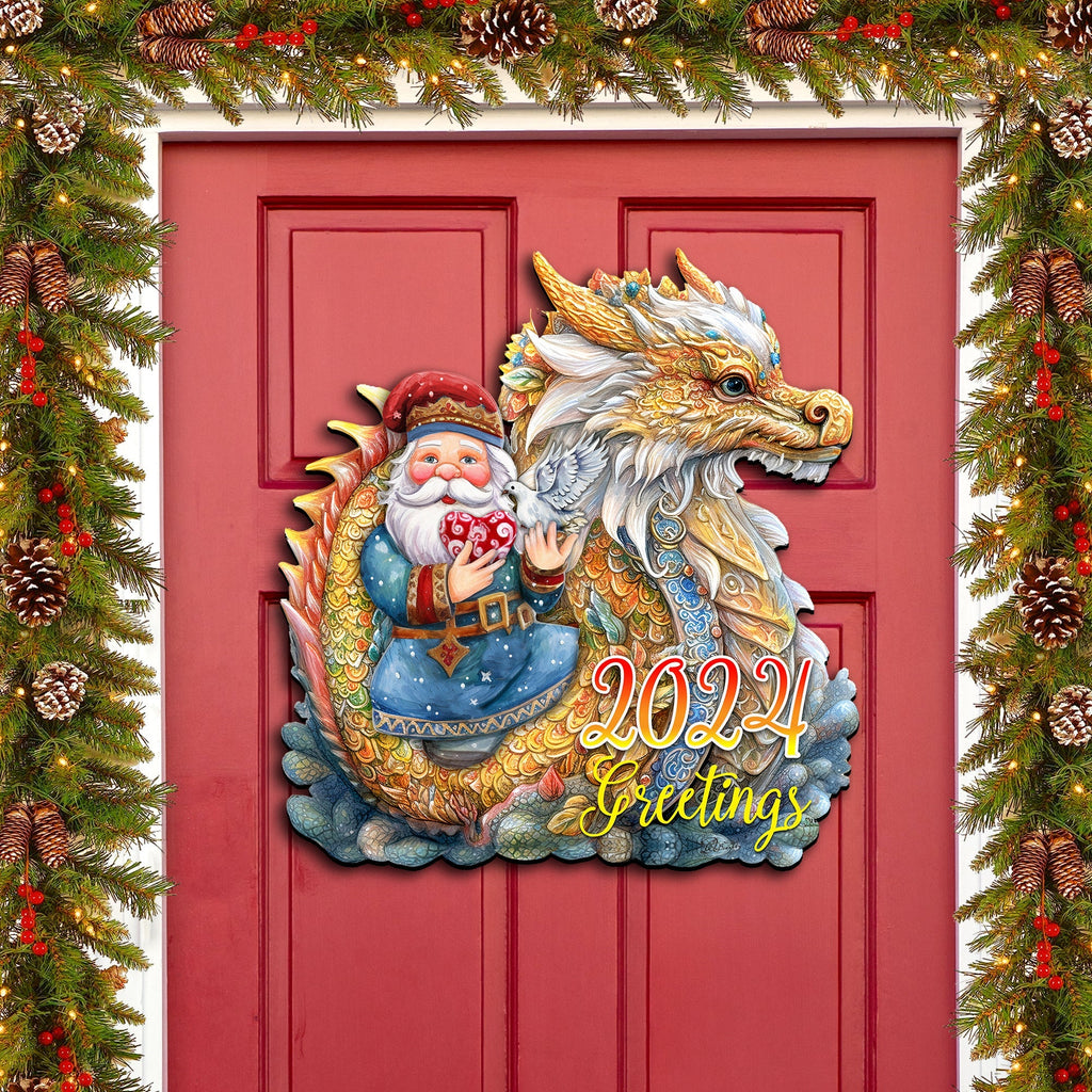 2024 Dated Santa with Dragon Holiday Door Decor by G. Debrekht - Christmas Santa Snowman Decor - 8611088H