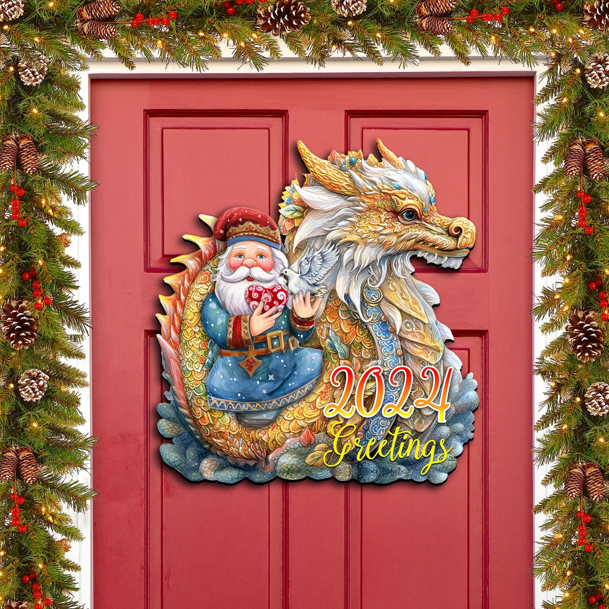 2024 Dated Santa with Dragon Holiday Door Decor by G. Debrekht - Christmas Santa Snowman Decor - 8611088H