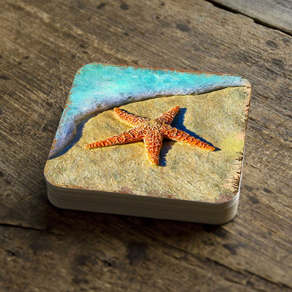 Starfish Coastal Wooden Cork Coasters Gift Set of 4 by Nature Wonders - Coastal Sea-Life Decor - 95253C-S4